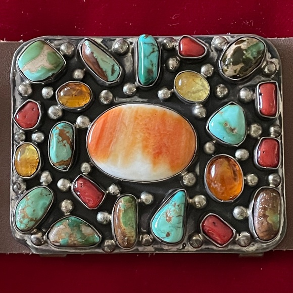 Spectacular Sterling Silver Concho Belt full of Turquoise, Coral, Amber and more - Picture 3 of 12